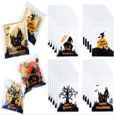 160 Pcs Halloween Cellophane Clear Treat Bags Self Adhesive Candy & Cookie Bags for Halloween Party Favors Supplies