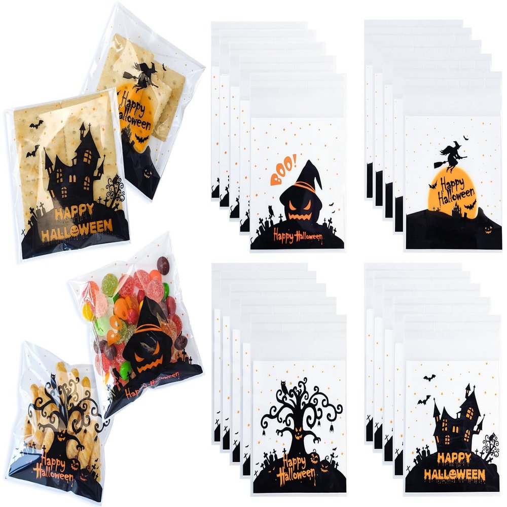 160 Pcs Halloween Cellophane Clear Treat Bags Self Adhesive Candy & Cookie Bags for Halloween Party Favors Supplies