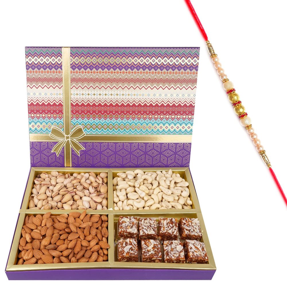 Jaiccha Ghasitaram Rakhi Gifts for Brothers Fruit n Nut Dryfruit Box with Sugarfree Bites 750 GMS with Pearl Rakhi