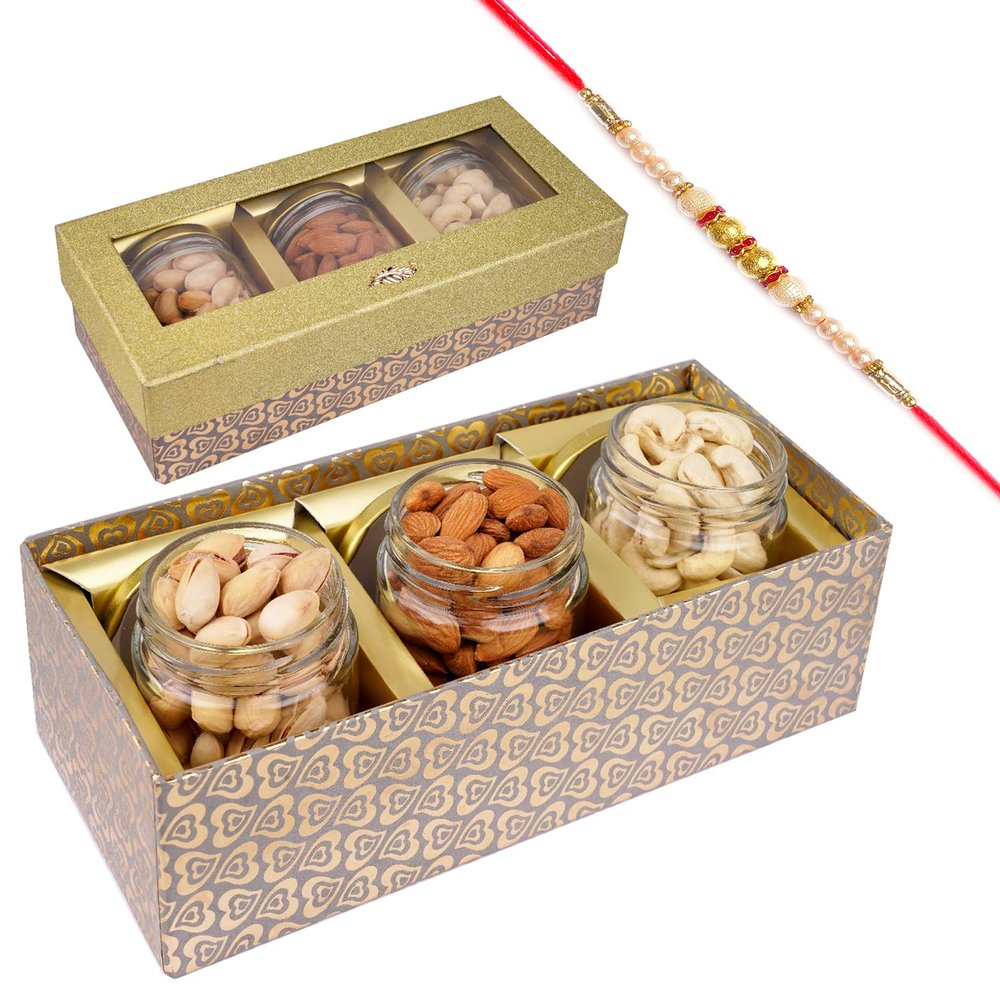 Jaiccha Ghasitaram Rakhi Gifts for Brothers Golden Box with 3 Jars of Cashews, Almonds and Pistachios with Pearl Rakhi