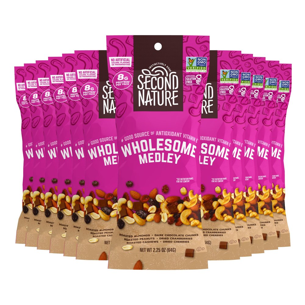Second Nature Wholesome Medley Trail Mix - 12 Count, 2.25 oz Individual Snack Packs, Certified Gluten-Free Dark Chocolate, Dried Fruit and Nut Trail Mix, Ideal for Travel Snacks