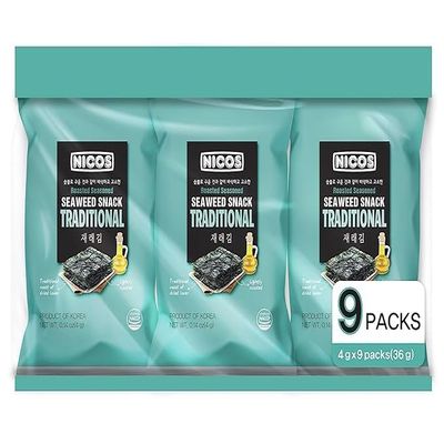 Nicos Seaweed snack Traditional flavor (Pack of 18 ) Roasted Seasoned snack, Korean food, Sea snack for kids & adults,Deliciously flavored, Snack that provide a variety of minerals and vitamins as Iodine, Copper, Iron, Potassium, Magnesium, and Calci