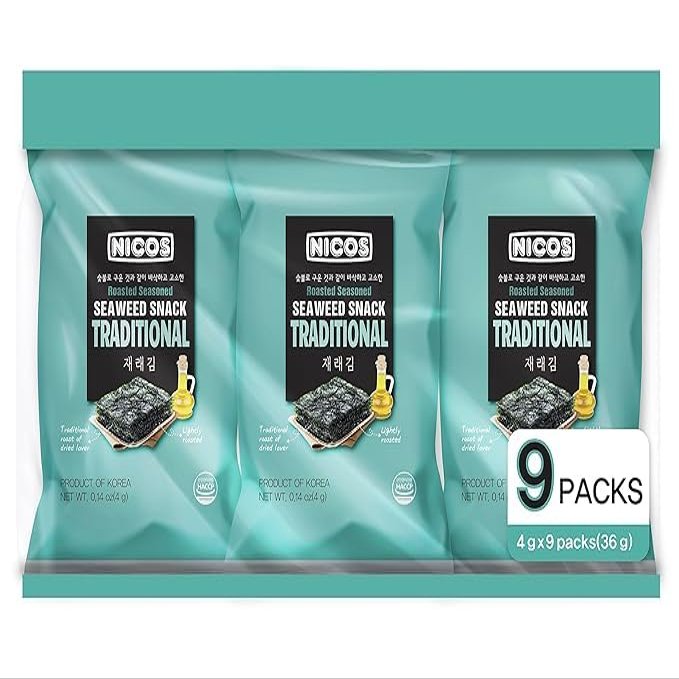 Nicos Seaweed snack Traditional flavor (Pack of 18 ) Roasted Seasoned snack, Korean food, Sea snack for kids & adults,Deliciously flavored, Snack that provide a variety of minerals and vitamins as Iodine, Copper, Iron, Potassium, Magnesium, and Calci