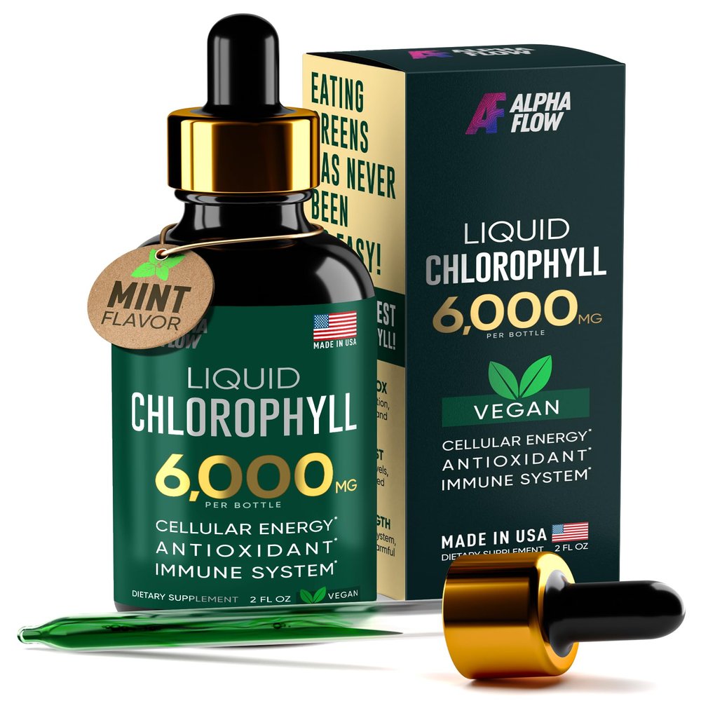 Alpha Flow Chlorophyll Liquid Drops 6000 mg - Premium Liquid Chlorophyll Supplement - All-in-One Antioxidant for Immune Boost, Energy Increase, Digestion Support & Fast Detox - Non-GMO, Vegan