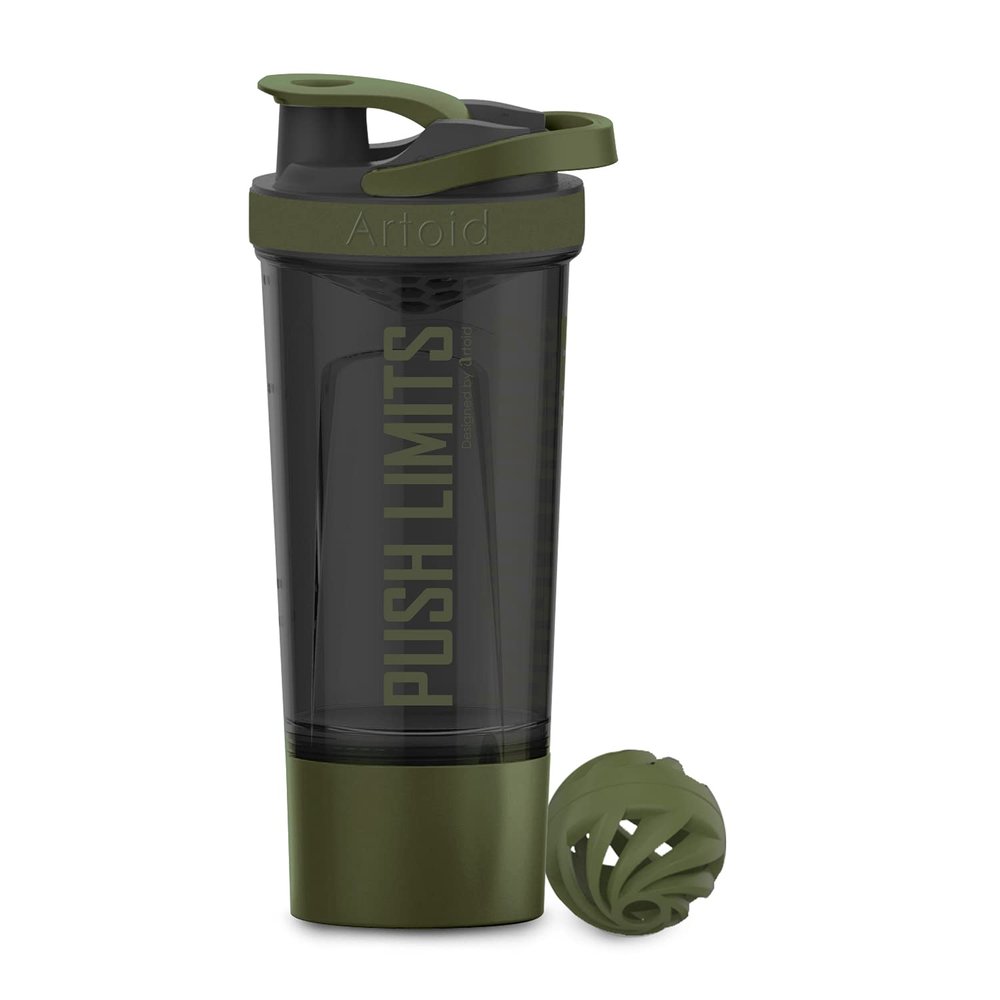 Artoid Sports Protein Shaker Bottle, 24-Ounce, Dual Mixing Technology, BPA Free, Black/Moss Green
