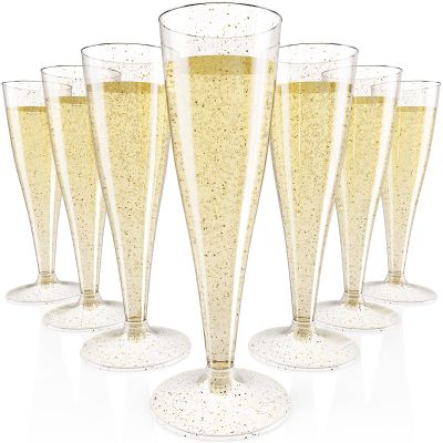 JOLLY CHEF 100 Pack Plastic Champagne Flutes Disposable 4.5 oz Gold Glitter Plastic Champagne Glasses for Wedding, Thanksgiving Day, Christmas