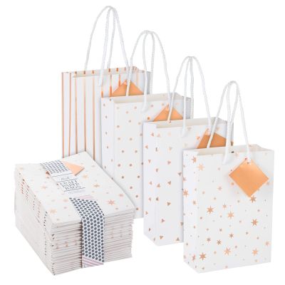 Sparkle and Bash Rose Gold Party Favor Paper Bags - 7.9 x 5.5 x 2.5 In, Pack of 24, White & Metallic Rose Gold - 250gsm Cardstock with Handles & Tags