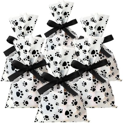 100 Pieces Money Treat Bags Sign Party Favor Candy Cellophane Bag Loot Bags for Party Sign Sacks with 22 Yards Ribbon for Toy Favor Theme Supplies, 6 x 9 Inch(Paw Style)