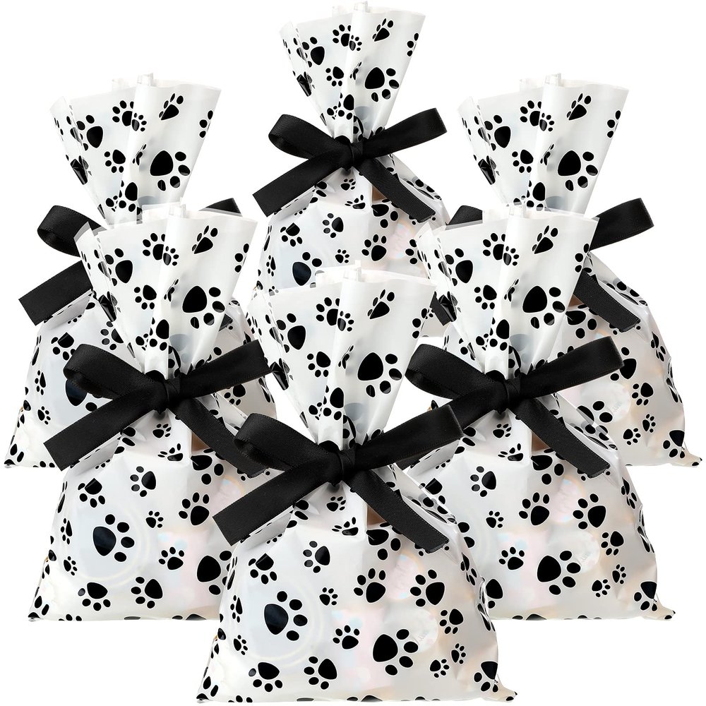 100 Pieces Money Treat Bags Sign Party Favor Candy Cellophane Bag Loot Bags for Party Sign Sacks with 22 Yards Ribbon for Toy Favor Theme Supplies, 6 x 9 Inch(Paw Style)