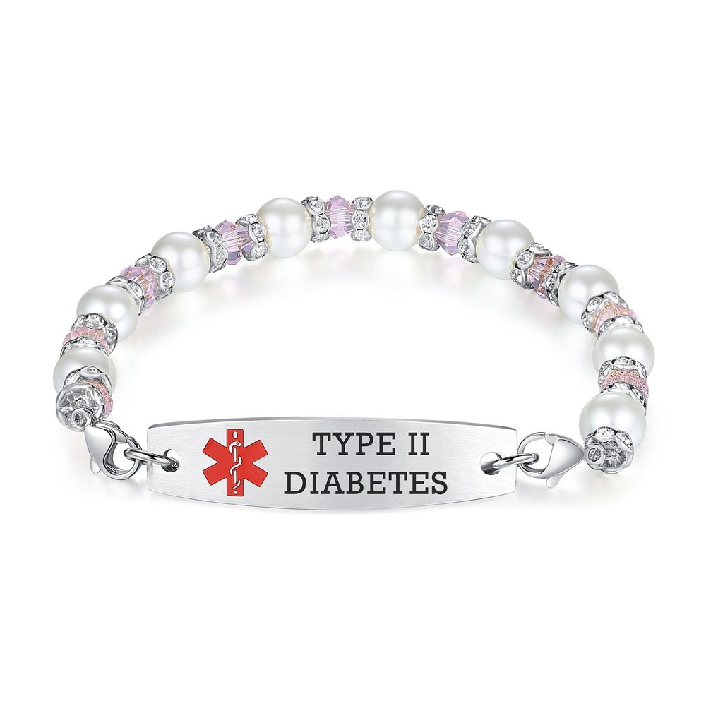 mnmoom 7.5 inch interchangeable Medical id bracelets for Women beads Medical alert bracelets with customize engraving type 2 diabetes (White)