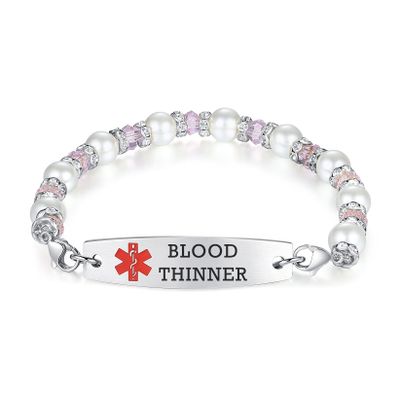 mnmoom 7.5 inch interchangeable Medical id bracelets for Women beads Medical alert bracelets with customize engraving blood thinner (White)