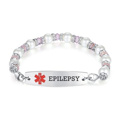 mnmoom 7.5 inch interchangeable Medical id bracelets for Women beads Medical alert bracelets with customize engraving epilepsy (White)