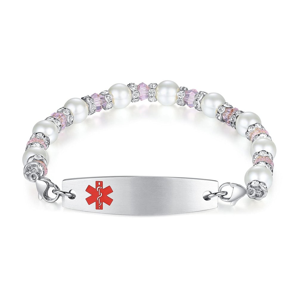 mnmoom 7.5 inch interchangeable Medical id bracelets for Women beads Medical alert bracelets with customize engraving (White)