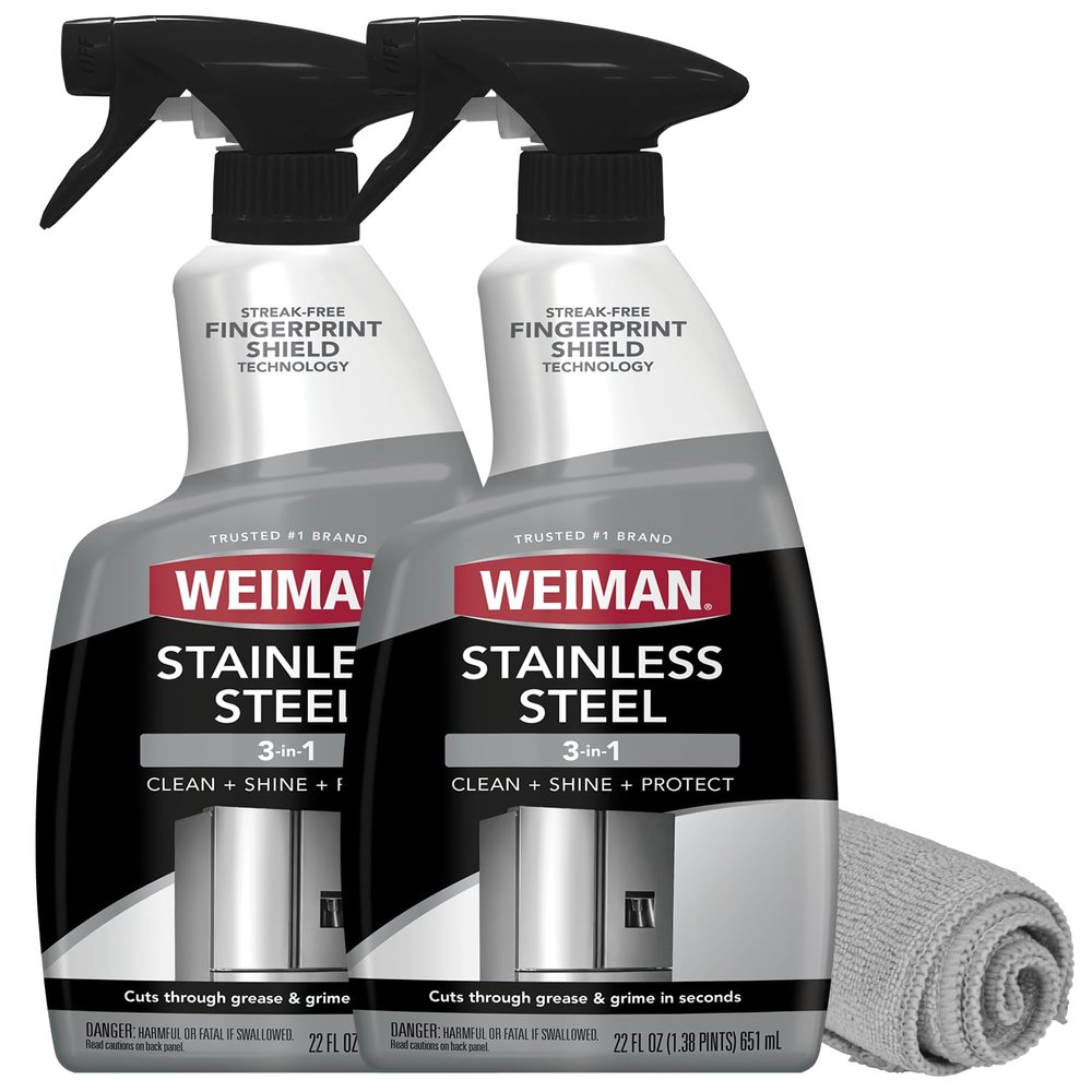 Weiman Stainless Steel Cleaner and Polish - Protects Appliances from Fingerprints, Leaves a Streak-Free Shine for Refrigerator, Dishwasher, Oven, Grill, 2 Pack With Microfiber Cloth