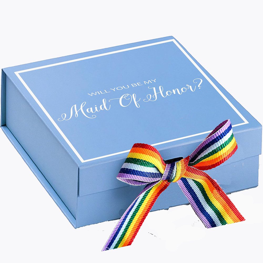 Wedding Goodies Will You Be My maid of honor? Proposal Box light blue - Border - Rainbow Ribbon Large/White