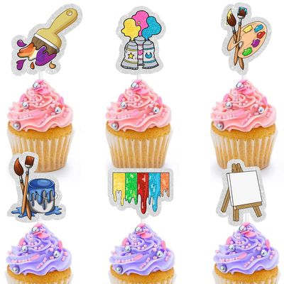 Slime Cupcake Toppers 18 pcs - Painting Themed Art Happy Birthday Decor Artist Palette Paint Brush boy Girl Party Supplies