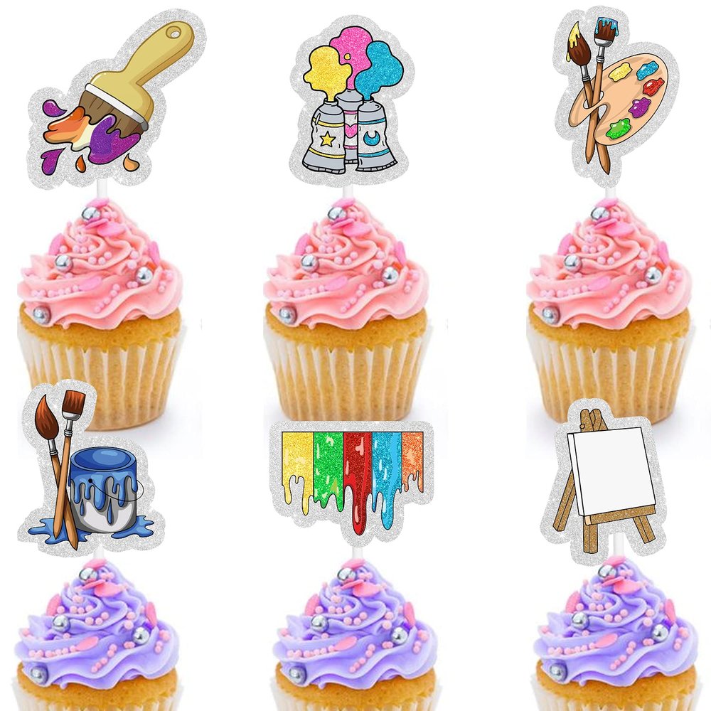 Slime Cupcake Toppers 18 pcs - Painting Themed Art Happy Birthday Decor Artist Palette Paint Brush boy Girl Party Supplies
