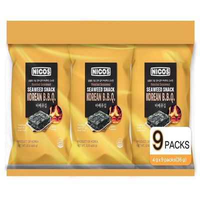 Nicos Seaweed Snack Korean BBQ (pack of 18) , Roasted Seasoned snack, Korean food, Sea snack for kids & adults Deliciously flavored, Snack that provide a variety of minerals and vitamins as Iodine, Copper, Iron, Potassium, Magnesium, and Calcium, pro