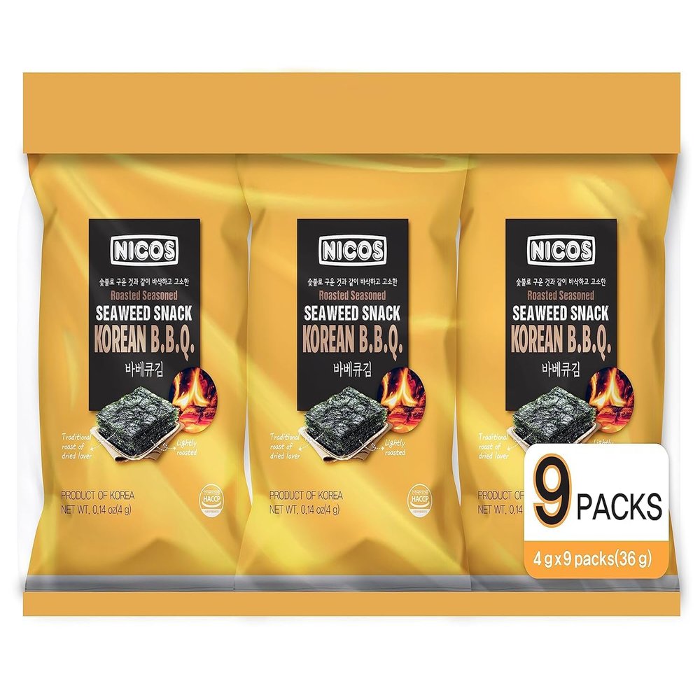 Nicos Seaweed Snack Korean BBQ (pack of 18) , Roasted Seasoned snack, Korean food, Sea snack for kids & adults Deliciously flavored, Snack that provide a variety of minerals and vitamins as Iodine, Copper, Iron, Potassium, Magnesium, and Calcium, pro