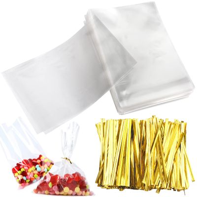 Cake Pop Bags, Augshy 300 Pcs 6x8" Treat Cello Bags for lollipop with 300 Twist Ties,1.4 mils Thickness OPP Plastic Bag for Lollipop Candy Chocolate Cookie Wrapping