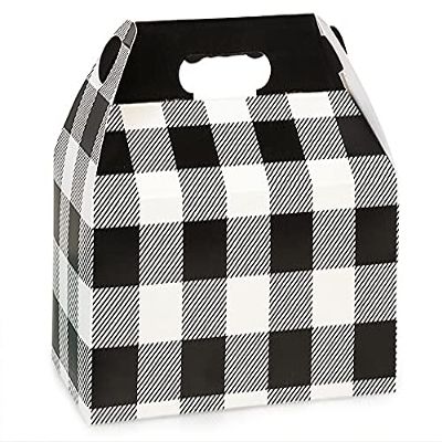 6 Pack, Buffalo Plaid Black Gable Boxes 9-1/2 x 5 x 5" for Food Service and Picnic Lunches