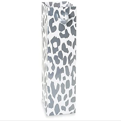 10 Pack, Silver Leopard Paper Gift Bags, Wine 4.5x4.5x13" for Party, Holiday & Events
