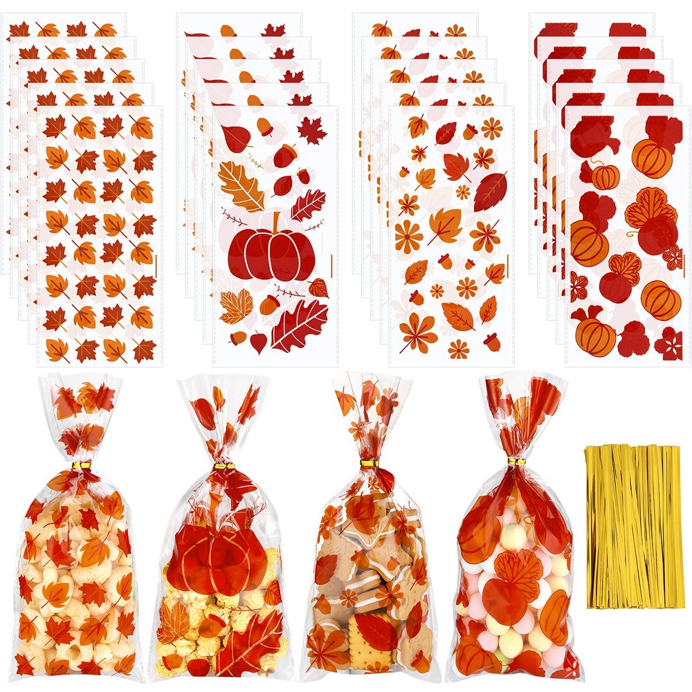 100 Pcs Thanksgiving Cellophane Bags Plastic Clear Candy Pouch Thanksgiving Prefilled Goody Bags 5 Styles Goodie Treat 100 Pieces Golden Twist Tie for Party Favors, 5.1 x 10.6 Inch (Fall Style)