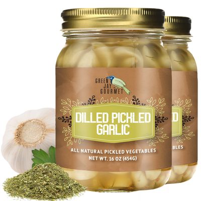Green Jay Gourmet Pickled Garlic Cloves in a Jar - Dilled Pickled Garlic - Fresh Garlic Bulbs for Cooking - Natural Ingredients - Freshly Made - Subtly Infused, Pre-Prepared Garlic - 2 x 16 Ounce Jars