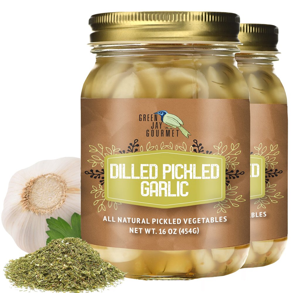 Green Jay Gourmet Pickled Garlic Cloves in a Jar - Dilled Pickled Garlic - Fresh Garlic Bulbs for Cooking - Natural Ingredients - Freshly Made - Subtly Infused, Pre-Prepared Garlic - 2 x 16 Ounce Jars
