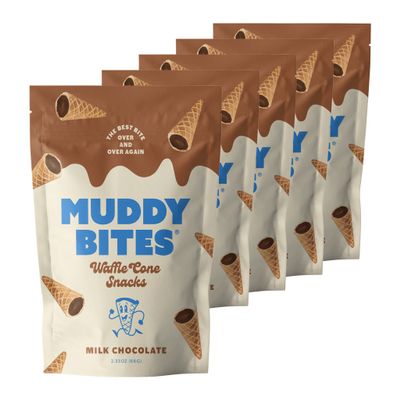 Muddy Bites Waffle Cone Snacks Bite Sized Chocolate Filled Waffle Cones for Snack or Dessert, Ice Cream Topping, made with Pure Cane Sugar, Kosher (2.33 oz (Pack of 5), Milk-Chocolate)