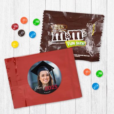 24ct Personalized Red Graduation Candy M&M's Fun Size Party Favors with Photo (24 Pack) - Class of 2025 - Red Foil (3x4in) - No Assembly Required