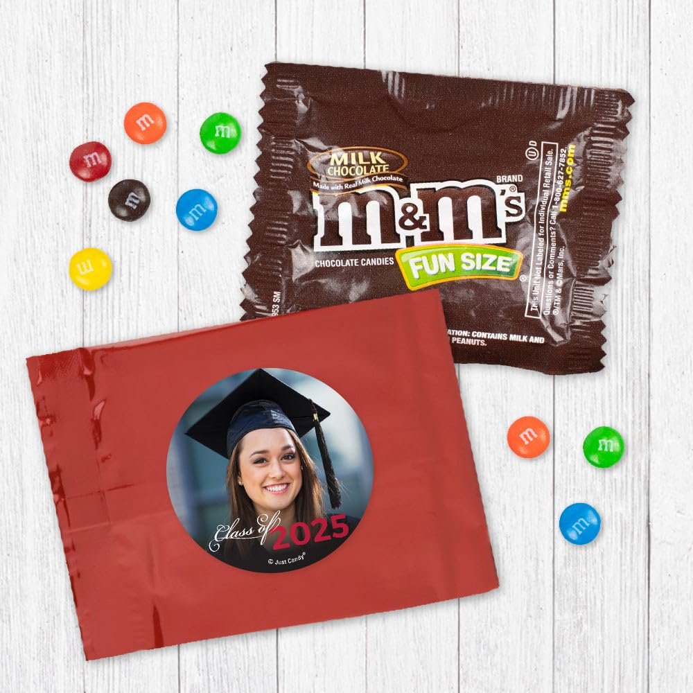 24ct Personalized Red Graduation Candy M&M's Fun Size Party Favors with Photo (24 Pack) - Class of 2025 - Red Foil (3x4in) - No Assembly Required