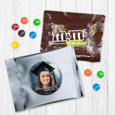 24ct Personalized Graduation Candy M&M's Fun Size Party Favors with Photo (24 Pack) - Class of 2025 - Silver Foil (3x4in) - No Assembly Required