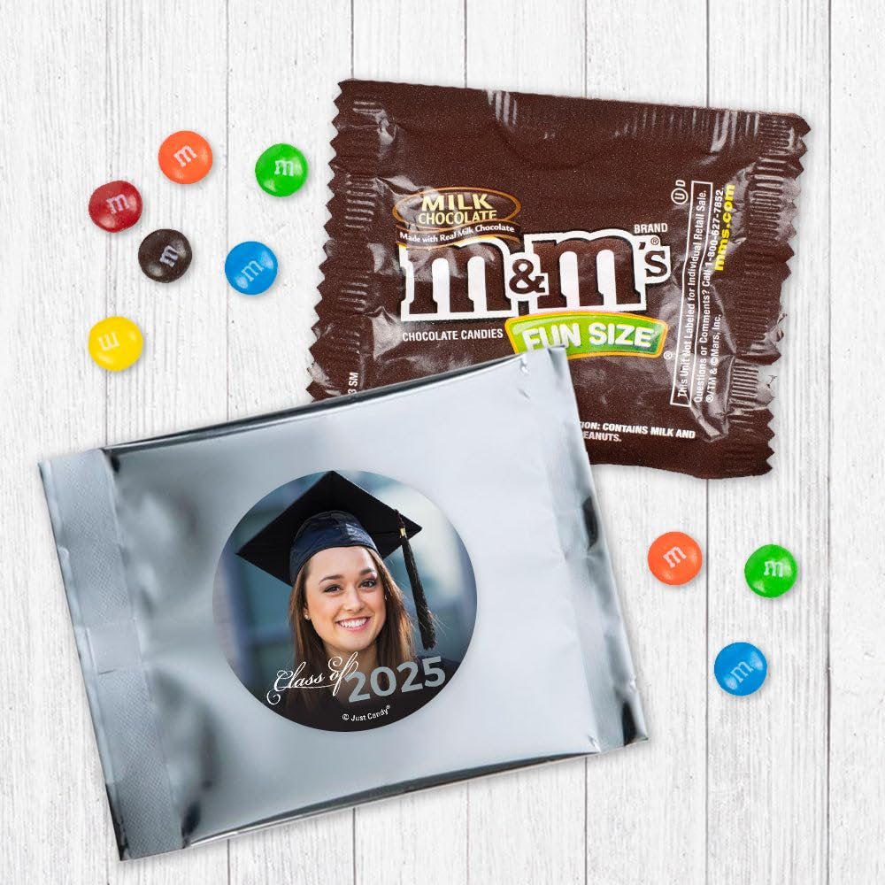 24ct Personalized Graduation Candy M&M's Fun Size Party Favors with Photo (24 Pack) - Class of 2025 - Silver Foil (3x4in) - No Assembly Required