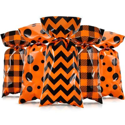 Tenare 120 Pieces Thanksgiving Cellophane Candy Bags Thanksgiving Buffalo Polka Dot Stripes Prints Plastic Goodie Treat Favor Bags with 200 Twist Ties for Party Supplies(Orange, Black)