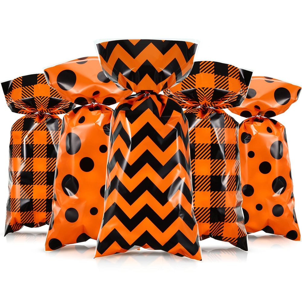 Tenare 120 Pieces Thanksgiving Cellophane Candy Bags Thanksgiving Buffalo Polka Dot Stripes Prints Plastic Goodie Treat Favor Bags with 200 Twist Ties for Party Supplies(Orange, Black)