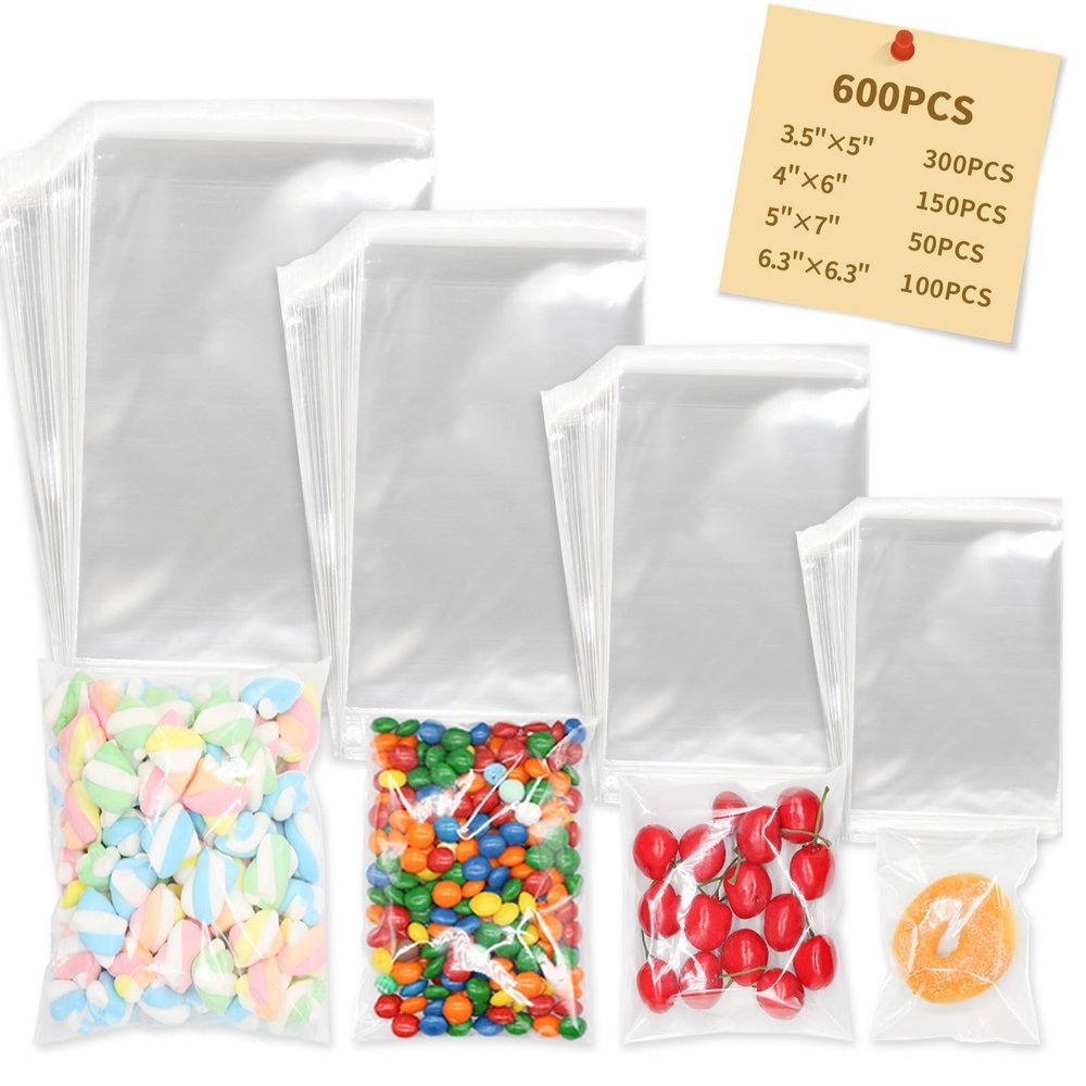 600PCS Clear Resealable Self Adhesive Cello Bags with 4 Sizes 3.55, 46, 57, 6.36.3 inch Great for Gift Wrapping,Packaging Candies,Dessert,Bakery, Cookies, Chocolate,Party Favor