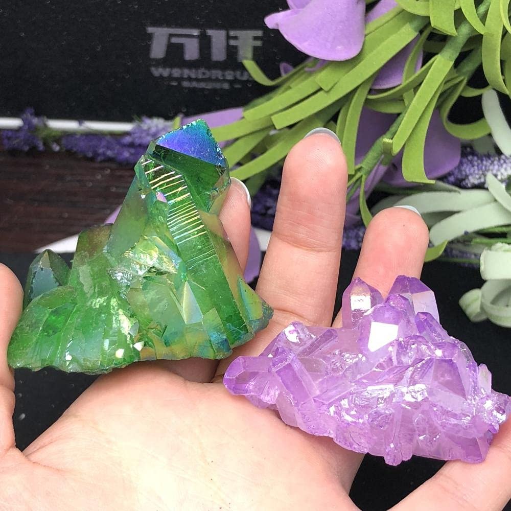 2pcs Beautiful Aura Crystal Cluster Angel Aura Titanium Quartz Crystal Stunning Rainbow Specimen Minerals Chakra