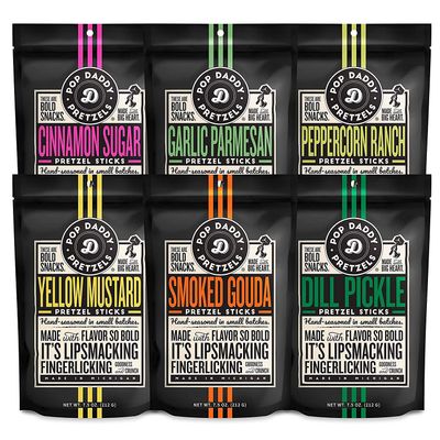 Pop Daddy Flavored Pretzels Sticks, Healthy Gourmet Pretzels, 7.5oz Variety Pack, 6 Pack, Garlic Parm, Cinnamon Sugar, Peppercorn Ranch, Smoked Gouda, Dill Pickle, Yellow Mustard