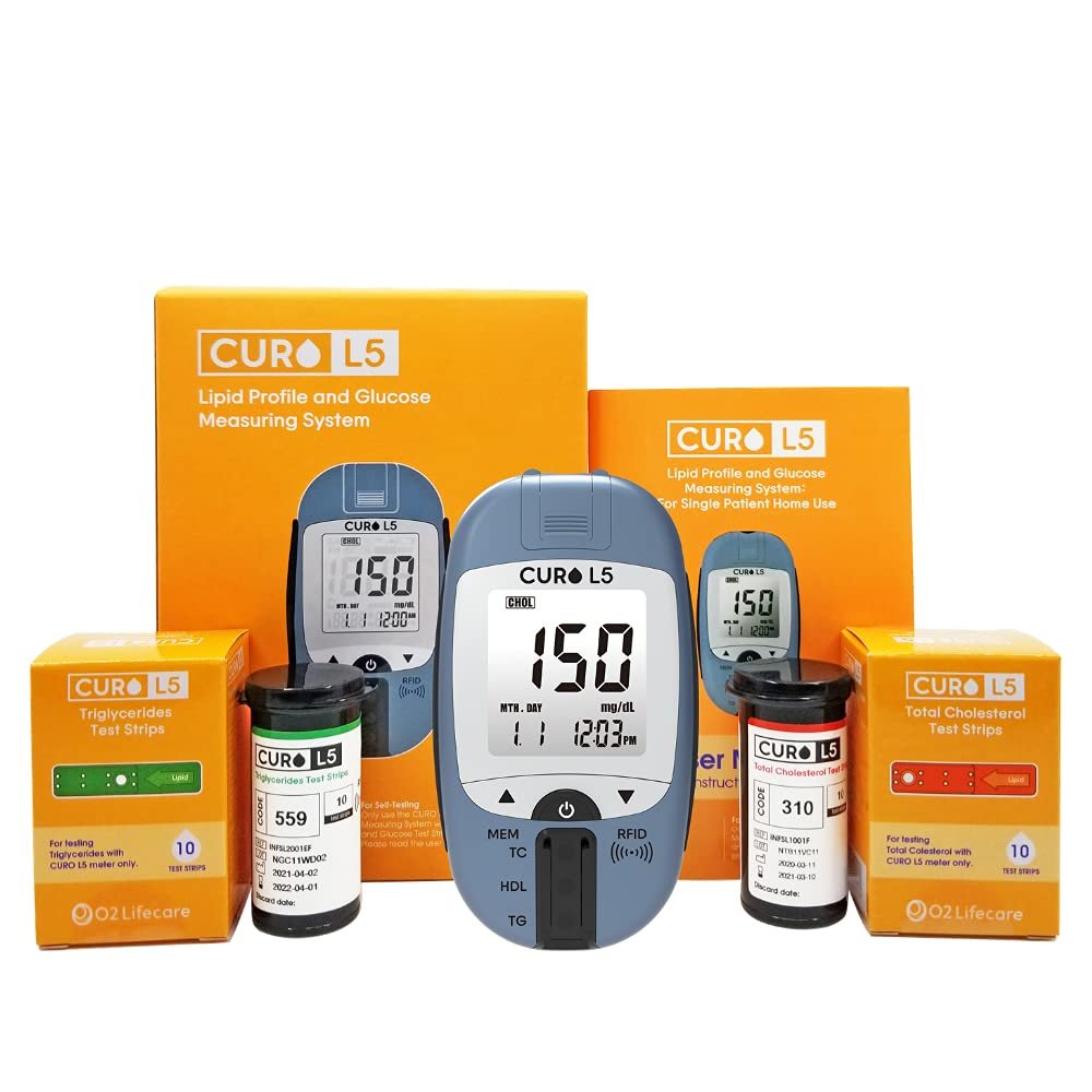 CUROfit Quick Home Blood Total Cholesterol and Triglycerides Test Kit - CURO L5 Digital Meter - Easy Use, Accurate Results, Comprehensive Health Tracking, Portable Design, and All-Inclusive Kit