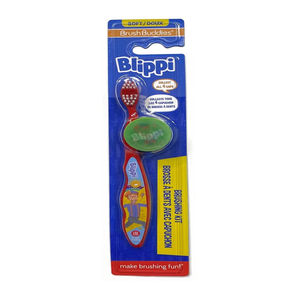 Brush Buddies Blippi Toothbrush with Travel Cap, Kids Toothbrushes, Soft Bristle Toothbrushes for Kids, 2PC