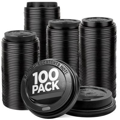 (100-Pack) Coffee Cup Lids - Disposable Coffee Lids for 10, 12, 16, 20, & 24 oz Paper Cups, 8 oz Squat Cups, Dome Cup Lids for To-Go Beverages, Expresso, Tea, Hot Chocolate - Black