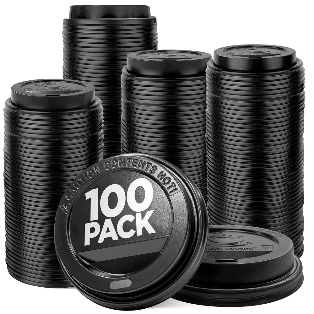 (100-Pack) Coffee Cup Lids - Disposable Coffee Lids for 10, 12, 16, 20, & 24 oz Paper Cups, 8 oz Squat Cups, Dome Cup Lids for To-Go Beverages, Expresso, Tea, Hot Chocolate - Black