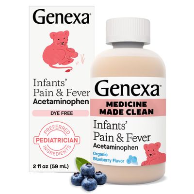 Genexa Infants' Clean Acetaminophen | Pediatrician Preferred Ingredients | Pain Reliever & Fever Reducer for Babies | Dye Free, 0% Artificial Additives | Delicious Organic Blueberry Flavor, 2 fl oz