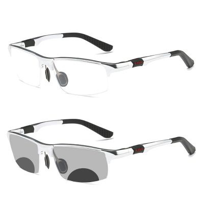 COTIA Men's Photochromic Bifocal Reading Glasses Sports Square Aluminum Magnesium Frame Transition Presbyopia Eyeglasses (silver, 3.5)