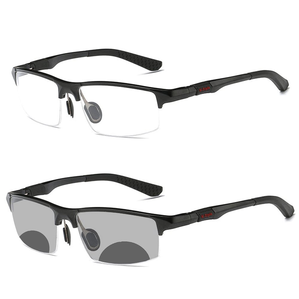 COTIA Men's Photochromic Bifocal Reading Glasses Sports Square Aluminum Magnesium Frame Transition Presbyopia Eyeglasses (black, 1.5)