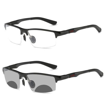 COTIA Men's Photochromic Bifocal Reading Glasses Sports Square Aluminum Magnesium Frame Transition Presbyopia Eyeglasses (black, 2.5)
