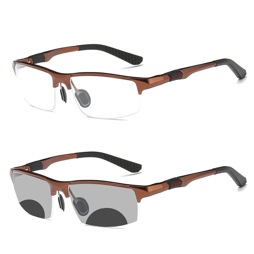 COTIA Men's Photochromic Bifocal Reading Glasses Sports Square Aluminum Magnesium Frame Transition Presbyopia Eyeglasses (tea, 1.25)