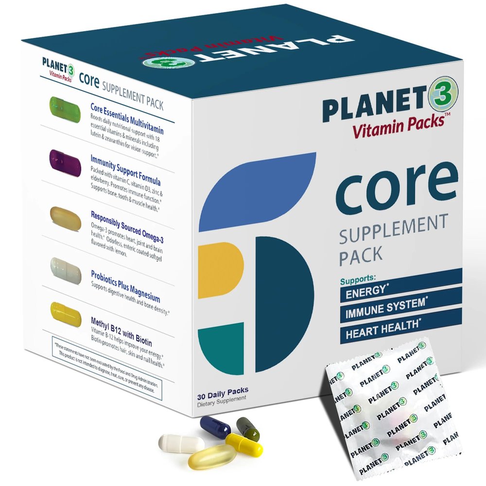Daily Vitamin Packs for Men & Women Immune, Energy & Heart Support with Vitamin D3, Omega-3, Probiotics, Methyl B12 & Vitamin C Multivitamin with Lutein Planet 3 Vitamin Packs, 30 Packets