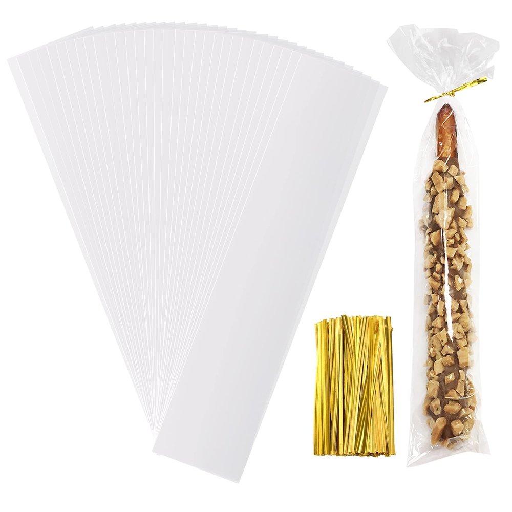 2x10 Inches Clear Cellophane Treat Bags With Twist Ties,100Pcs